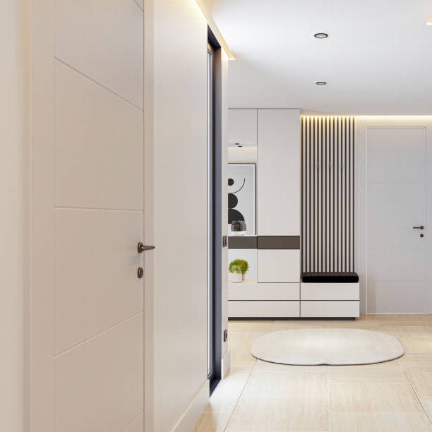 istock Modern White Entrance Hall with Sleek Design and LED Lighting 2205783123