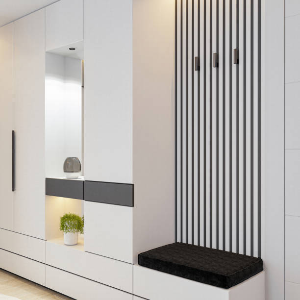 istock Modern White Entrance Hall with Sleek Design and LED Lighting 2205783125