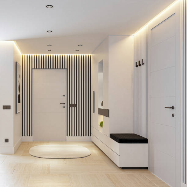 istock Modern White Entrance Hall with Sleek Design and LED Lighting 2205783131