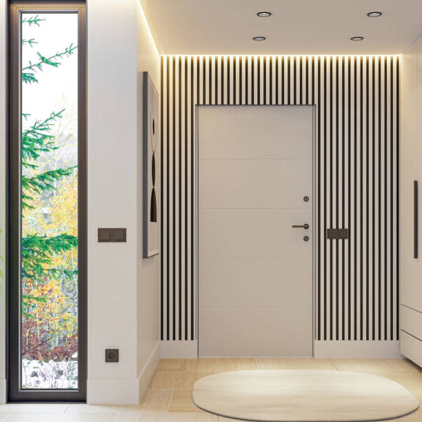 istock Modern White Entrance Hall with Sleek Design and LED Lighting 2205783135