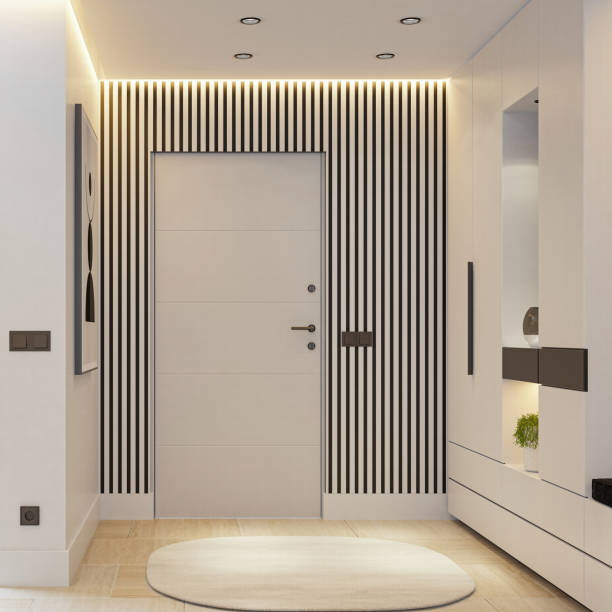 istock Modern White Entrance Hall with Sleek Design and LED Lighting 2205783138