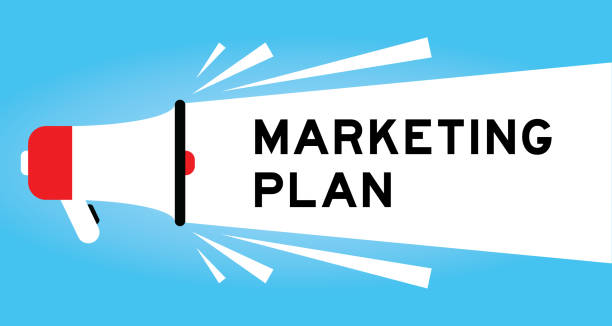 istock Color megaphone icon with word marketing plan in white banner on blue background 2205787950