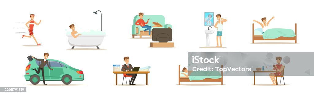 Daily Routine Different People Man Character Daily Routine Different Activity Vector Set Ilustrasi ...