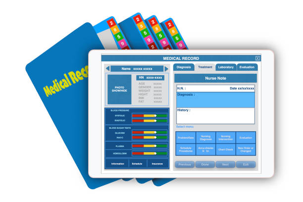 istock Technology of electronic medical record with manual medical records in folder. 2205792316