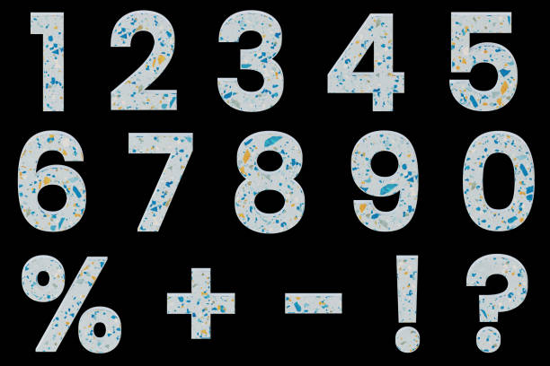 istock 3d terrazzo texture numbers font from 0 to 9, percent sign, question mark, exclamation, plus and minus symbol. colorful text on black background. 3D illustration 2205800585