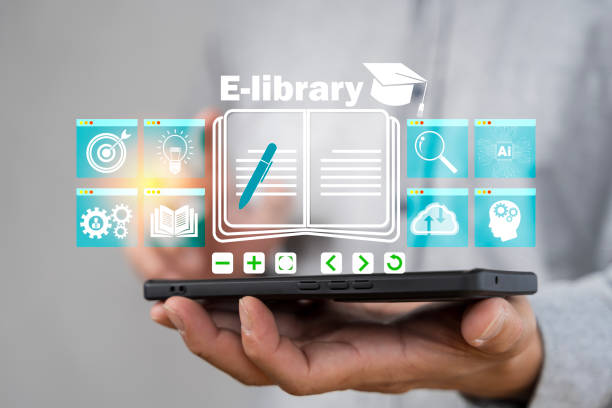 E-library concept. Person use smartphone and hand touch with virtual Ebook icons for electronic books online, knowledge base on internet, digital library. Displaying Virtual E-Library Interface