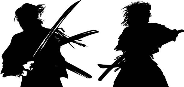 istock Vector monochrome silhouette illustration of a duel scene of young samurai slashing at each other in the Warring States period. 2205808335