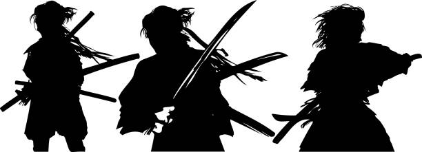 istock Vector monochrome silhouette illustration of a duel scene of young samurai slashing at each other in the Warring States period. 2205808342