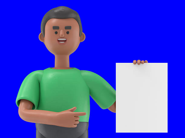 istock 3D illustration of handsome afro man David stands with white blank board.Blue Screen Mockup.3D rendering on Blue Screen for footage and clipping path. 2205815543
