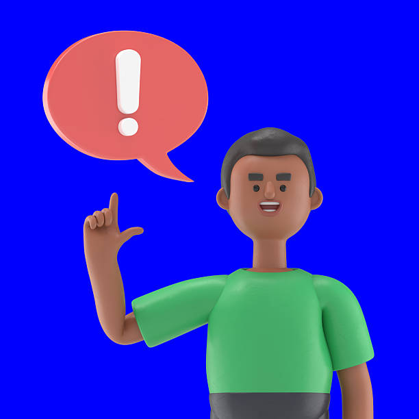 istock 3D illustration of handsome afro man David with exclamation mark in speech bubble.Blue Screen Mockup.3D rendering on Blue Screen for footage and clipping path. 2205815605