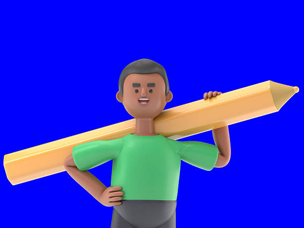 3D illustration of handsome afro man David holding a big pencil. Blue Screen Mockup.3D rendering on Blue Screen for footage and clipping path.