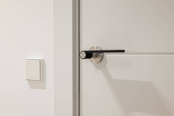 istock Elegant stainless steel door handle on a modern white door 2205817857