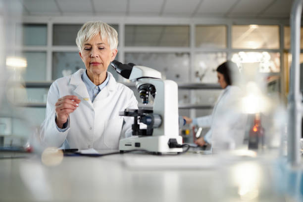 istock Mature female scientist doing a research through a microscope in laboratory. 2205820081