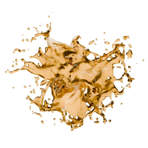 vibrant gold liquid bursts and splashes against a clean white background, showcasing an energetic movement. texture and shine reflect light, emphasizing the fluid nature of the substance. 3d render