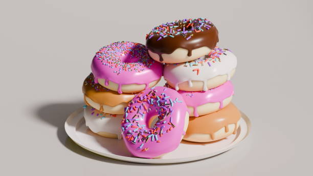 Delightful array of donuts is presented on white plate, featuring vibrant pink, chocolate, and white frosted varieties topped with colorful sprinkles, creating an inviting dessert display. 3d render