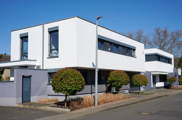 Kaarst, Germany - March 18, 2025: White one-family houses in Kaarst, a small village approximate 10 km from Düsseldorf.