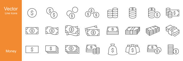 머니 아이콘 - 벡터 라인 아이콘 - 미국 지폐 통화 stock illustrations