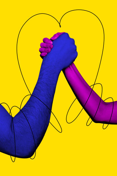 istock Collage image artwork of two hands touch strong together team power concept isolated on creative drawing background 2205823654