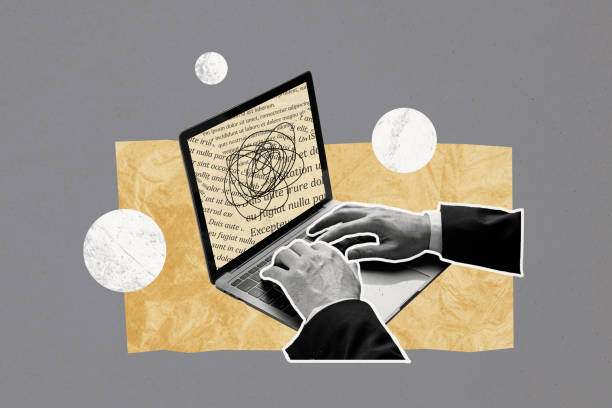 istock Composite photo collage of hand type macbook office equipment author work article text screen publisher isolated on painted background 2205823740