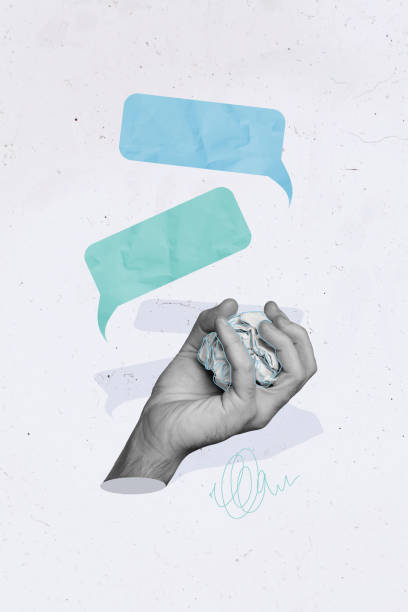 istock Collage artwork sketch of arm hold crumpled paper speech element isolated on drawing creative background 2205823895