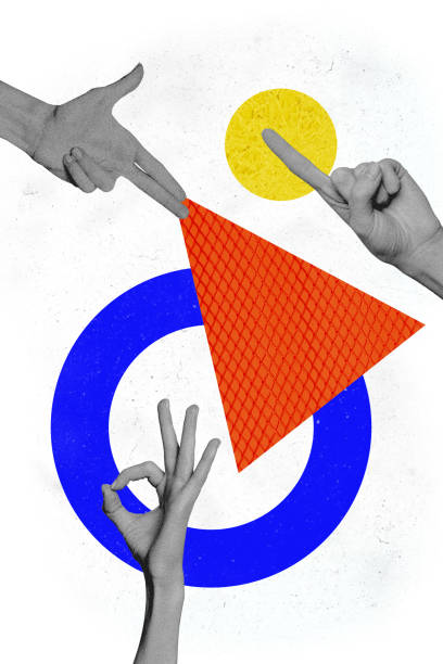 istock Sketch image collage of geometric elements circle triangle ball black white silhouette three hand arm show gesture pistol finger point ok 2205823928