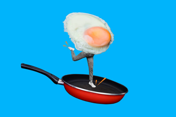 istock Sketch image artwork composite 3D photo collage of young bodyless lady frying egg instead pose on huge pan food dinner meal gourmet 2205823980