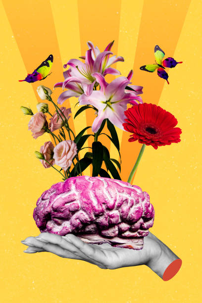 istock Vertical weird creative collage illustration of absurd human brains with blooming spring flowers isolated on yellow color background 2205823993
