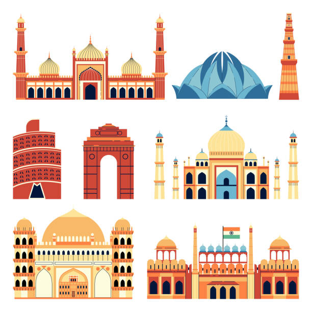 illustrazioni stock, clip art, cartoni animati e icone di tendenza di luoghi d'interesse architettura edifici storici e moderni dell'india - luogo dinteresse