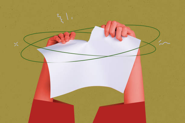 Composite photo collage of two hands tear documents cancel deal refuse paper sheet text information isolated on painted background