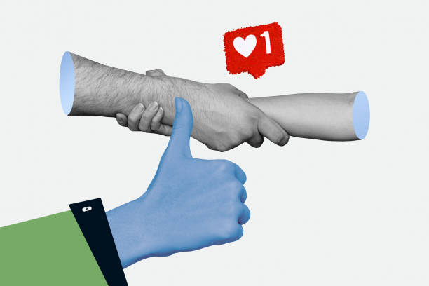Composite photo collage of hands hold together unity receive like notification thumb up reaction blogging isolated on painted background