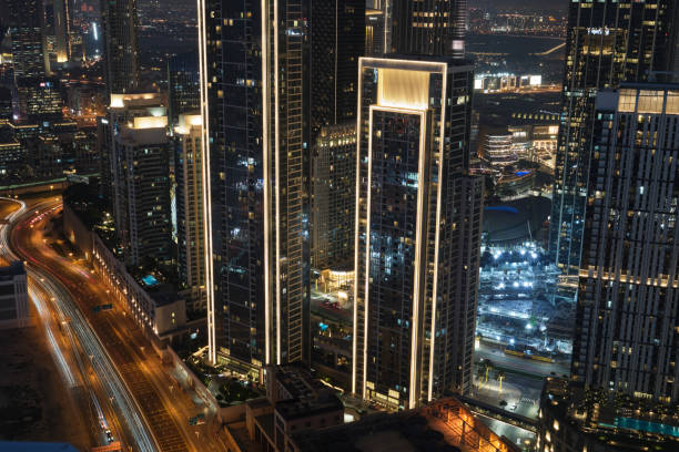 Shot of the Dubai Cityscape and marina taken at night looking down onto the streets
