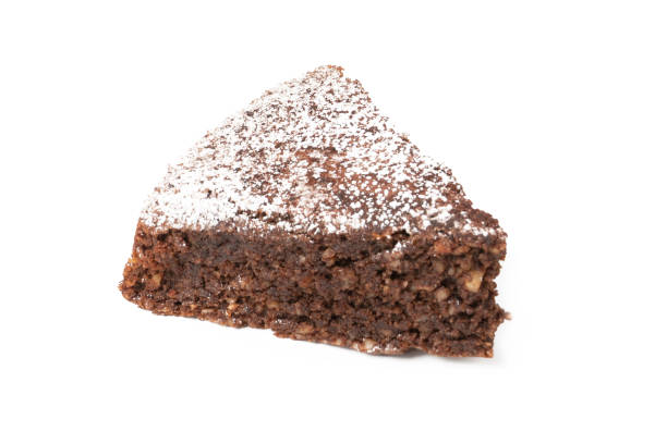Slice of Caprese cake with chocolate on white background