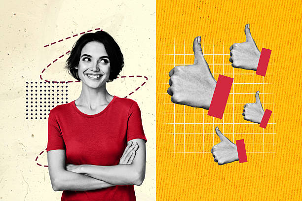 istock Creative collage image young cheerful pretty smiling woman thumb up approval accept feedback reaction okay drawing background 2205836204