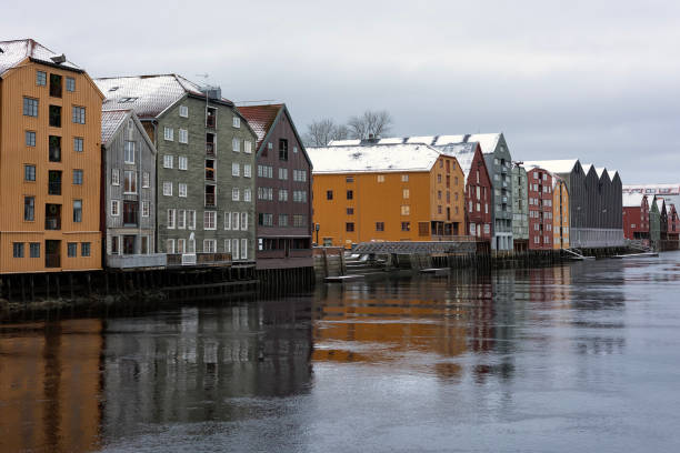 Norwegian coastal towns in winter- Trondheim. Colorful houses in old town