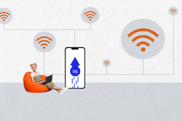 istock Composite trend artwork sketch image 3D photo collage of young lady sit in beanbag work laptop 5g fast wifi wireless internet connection 2205839332