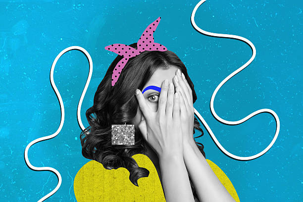 istock Artwork composite collage of blue color doodle line draw black white silhouette style young pinup lady hold hand cover face scary peek 2205841075