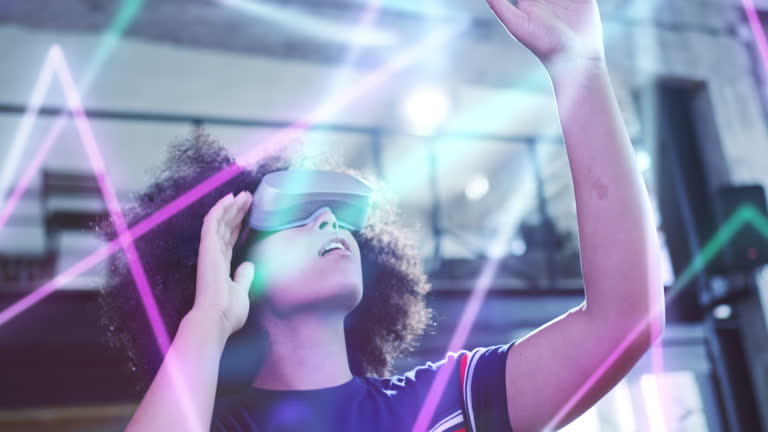 Young Beautiful Black Woman Using Virtual Reality Headset Gaming And Entertainment New Technologies Augmented Reality Mixed Reality Technologies Diversity Concept Slow Motion 8k RED