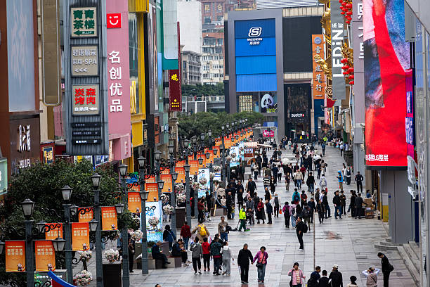 Busy pedestrian street in Chengdu, Sichuan, China