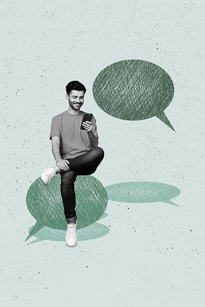 istock Composite trend artwork sketch image collage of chatting cloud sms speech message silhouette young man sit textbox type smartphone 2205847675