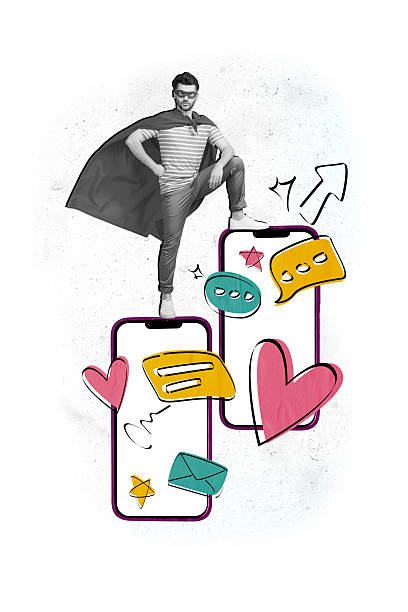 Trend artwork composite sketch image 3D photo collage of huge smartphone device screen superman guy hold type write sms message heart like.