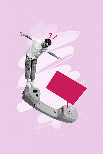 istock Trend artwork composite photo collage of landline wireless phone operator speech bubble cloud contact confused man balance stand 2205847681