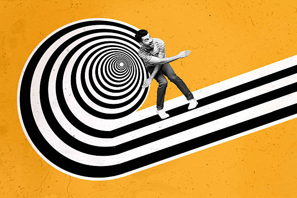 istock Composite collage of orange color black white line element silhouette young active funky dance crazy man dance posing hypnosis roll 2205847766