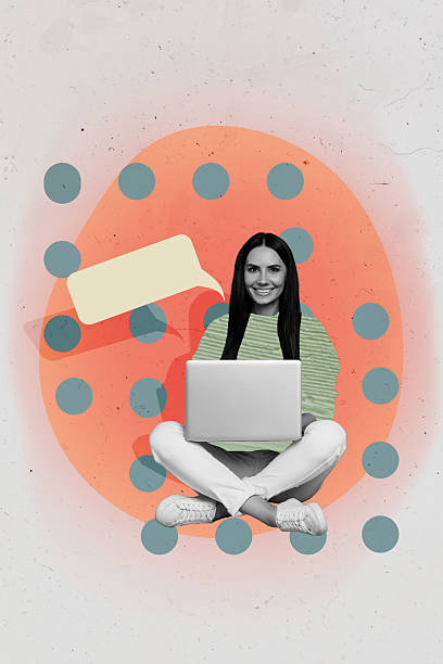 istock Composite trend artwork sketch 3D photo collage of chatting cloud sms speech message silhouette young woman hold laptop type write work 2205849006