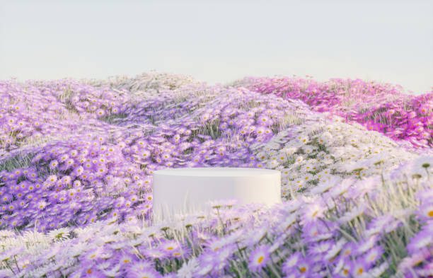 istock Abstract spring flowers landscape scene with white podium. 3d rendering. 2205849785