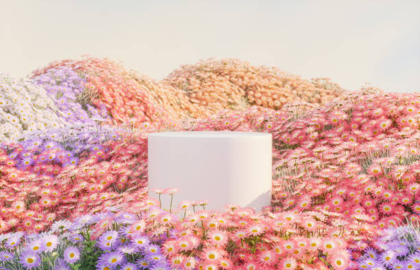 istock Abstract spring flowers landscape scene with white podium. 3d rendering. 2205849811