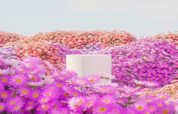 istock Abstract spring flowers landscape scene with white podium. 3d rendering. 2205849813