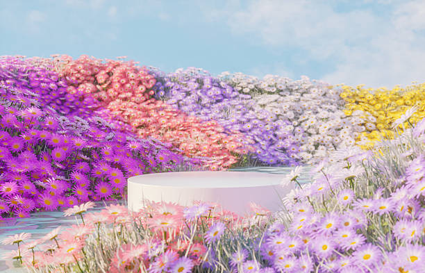 istock Abstract spring flowers landscape scene with white podium. 3d rendering. 2205849824