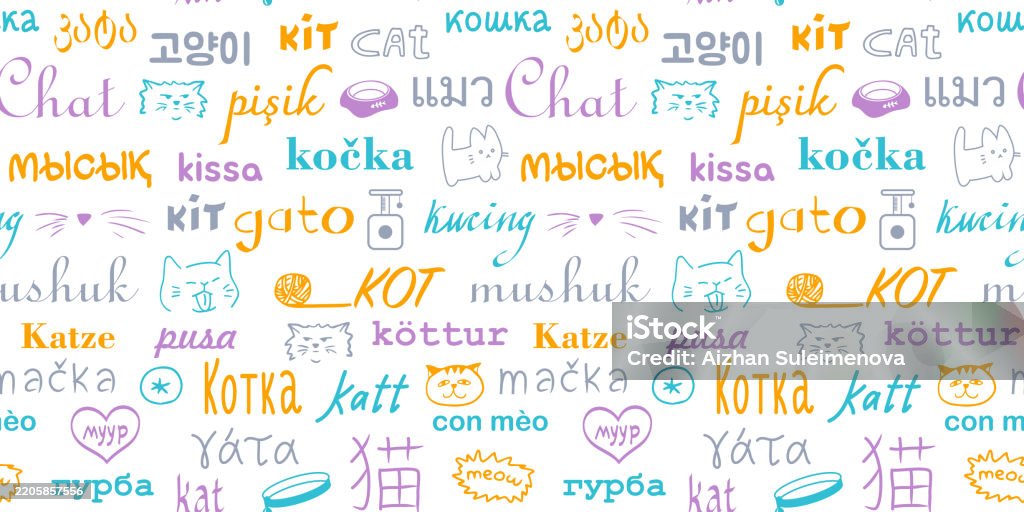 Cute Vector Seamless Pattern Word Cat In Different Languages Cat Items And Faces Stock ...