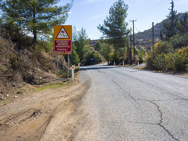 istock Slippery road sign in the mountains 2205863632
