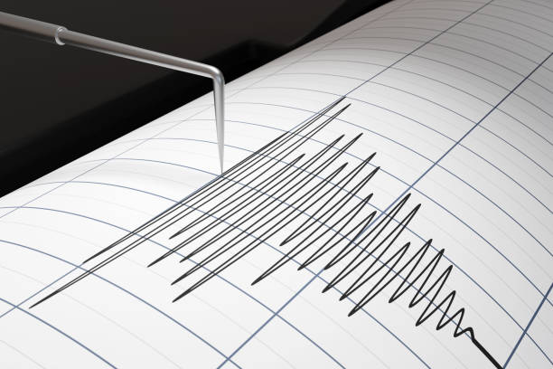 printer head of an earthquake detector is oscillating, plotting high frequency pulse wave curves on graph paper. illustration of the concept of tremor detection - sismo imagens e fotografias de stock